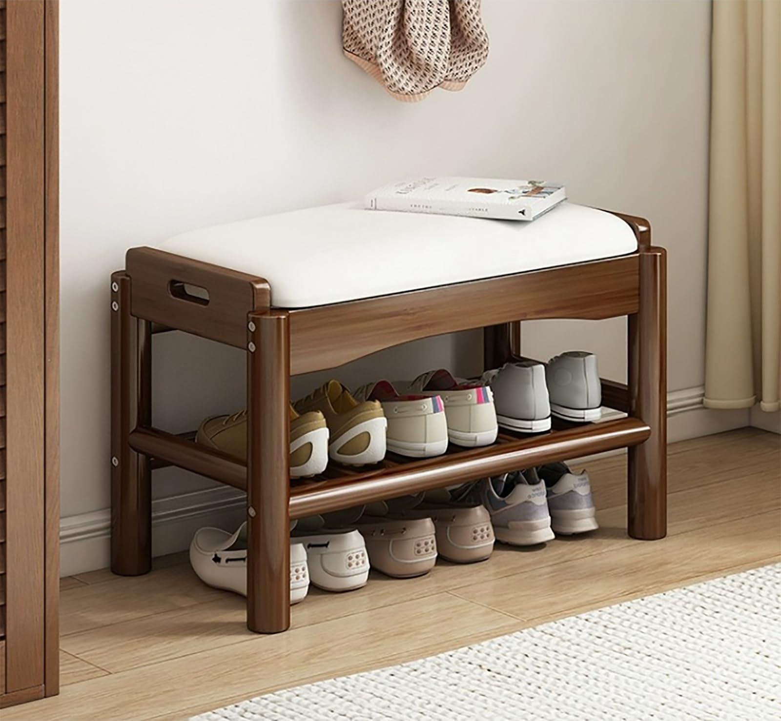 Banc à chaussures en bois massif de 60 cm avec tabouret bas rembourré doux