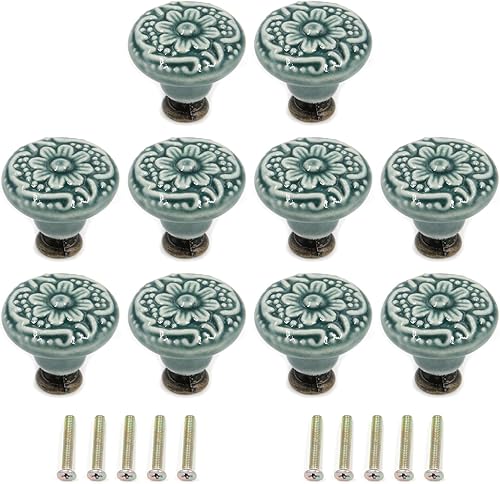 Miniatura 1 de Geesatis 10 pomos decorativos de cerámica, pomos de cajón de armario, pomos decorativos para muebles con tornillos de montaje, verde, 1.4 pulgadas