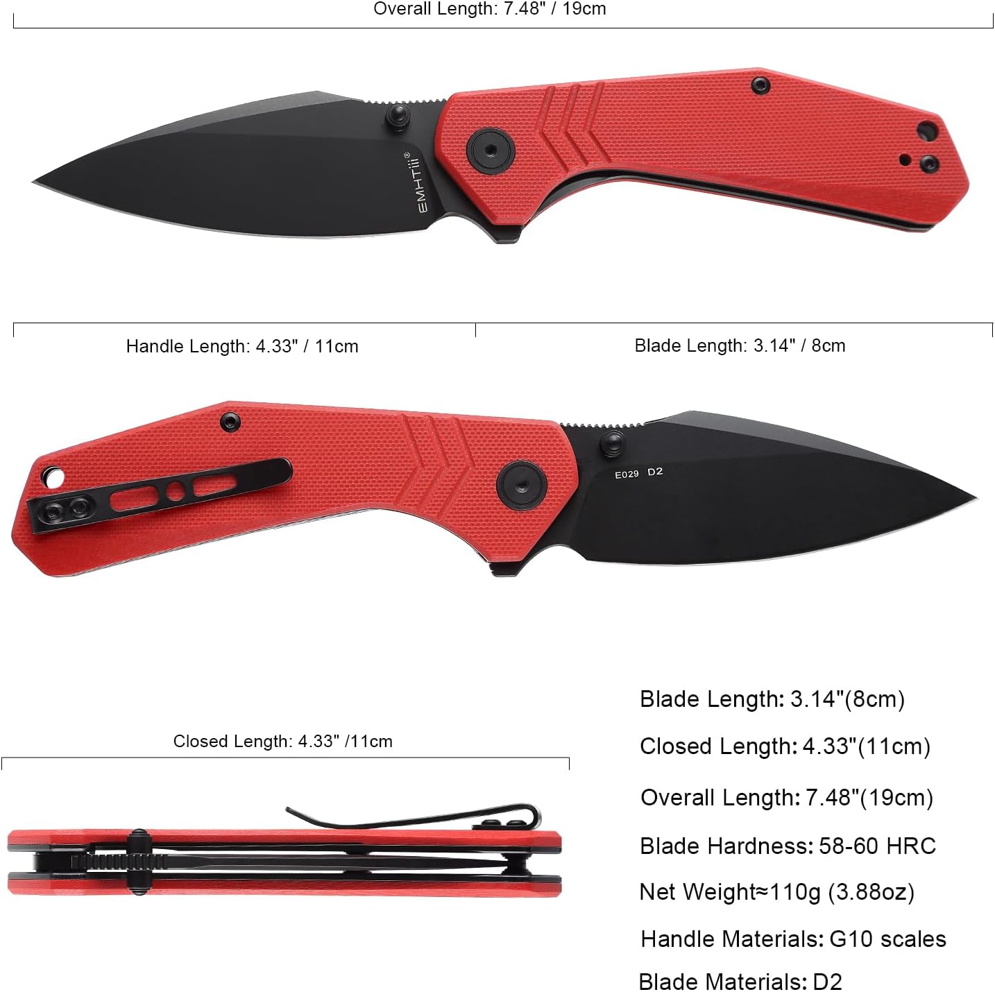 EDC Folding Pocket Knife - D2 Steel Drop Point Black Blade, G10 Handle Scales with Liner Lock, Reversible Clip, Lightweight Outdoor Utility Tool E029, Red