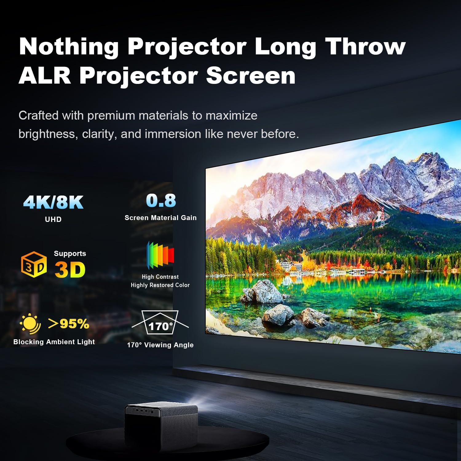 NothingProjector ALR Screen for Long/Standard Throw Projector, 120 inch, 95% Ambient Ceiling Light Rejecting, 4K/8K Ultra HD, Active 3D, Anti Daylight, Fixed Frame Wall Mount Non-UST NothPJ