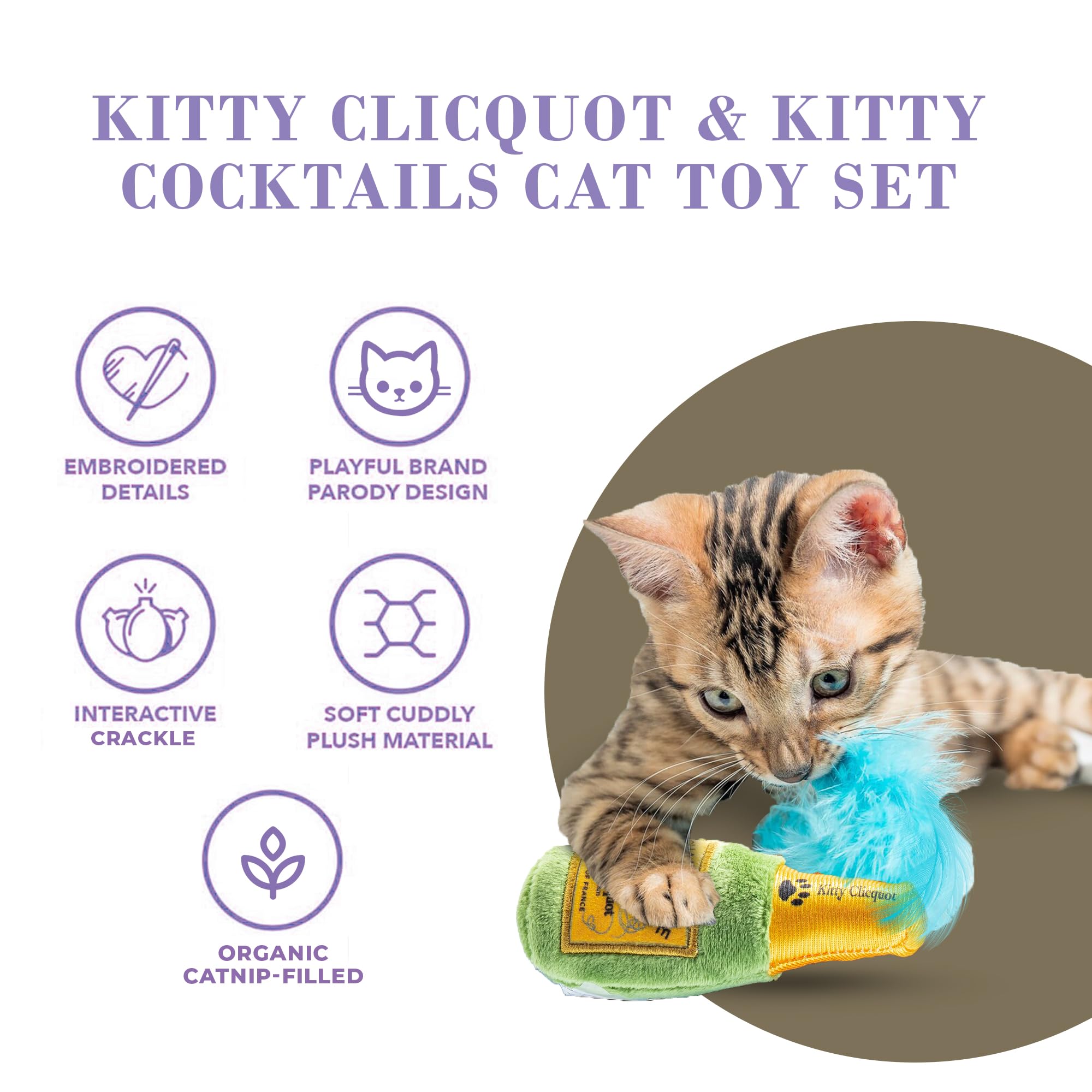 Haute Diggity Kitty Clicquot Champagne & Caviar + Kitty Cocktails Apawrol Spritz & Cattini Set de juguetes de peluche para gatos rellenos de hierba gatera con sonido crujido interactivo, juguetes