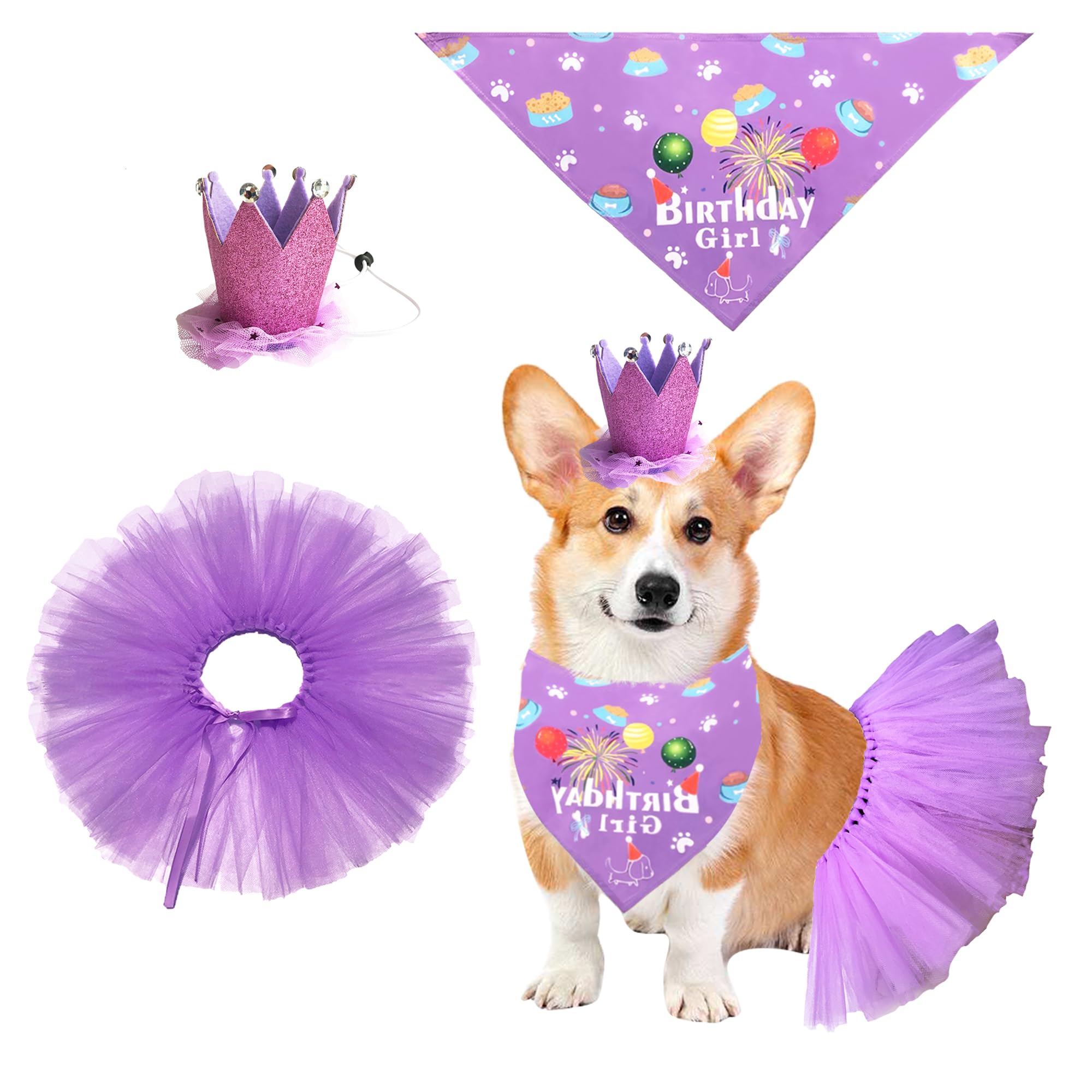 Dog Birthday Hat Bandana Tutu Skirt Scarf Set Dog Birthday Outfit Crown Hat Birthday Party Supplies for Doggy(Purple)