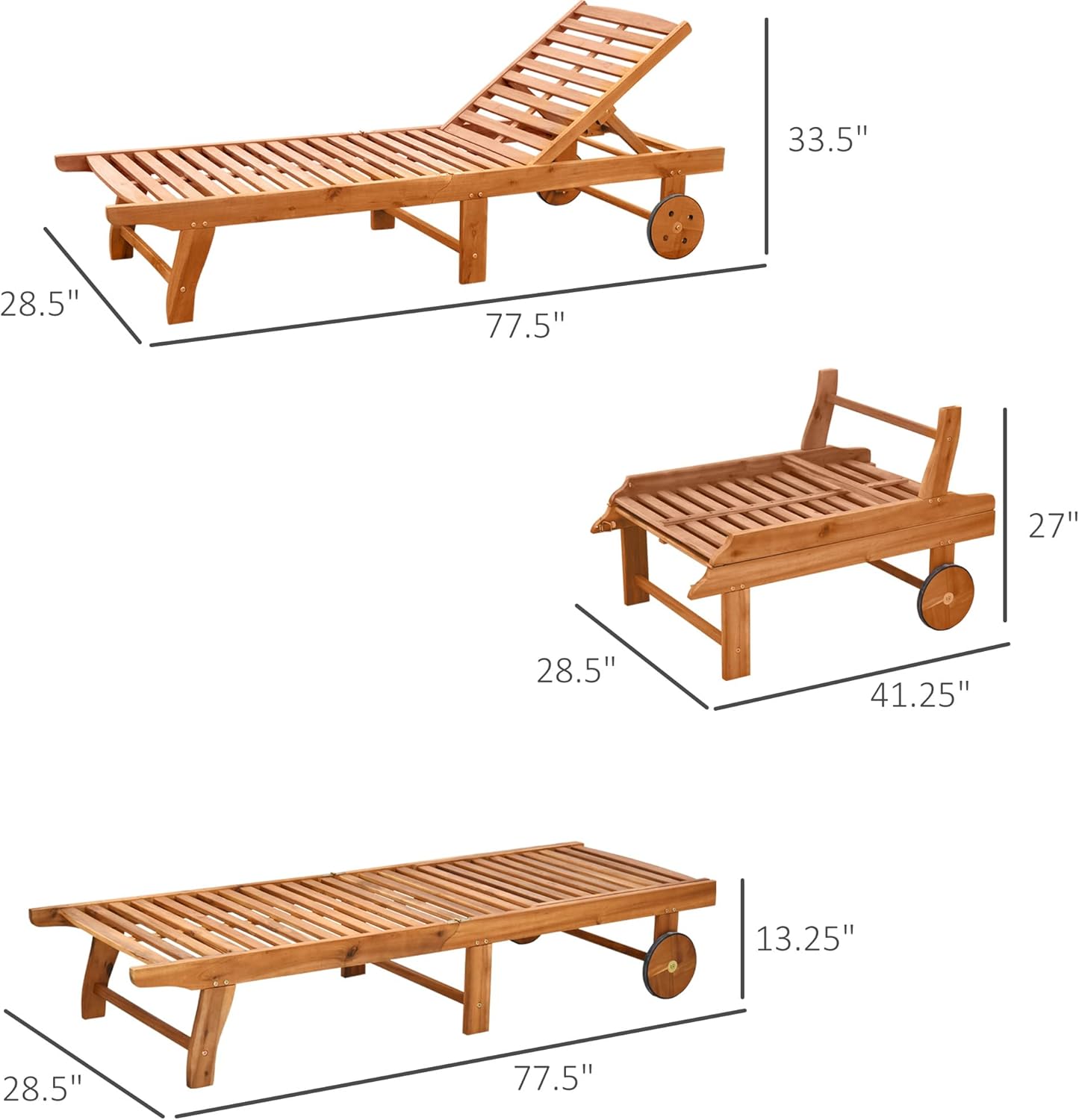 Natural Wood Folding Lounge Chair with Wheels - Portable Acacia Frame, Weather-Resistant Teak Color for Patio/Poolside