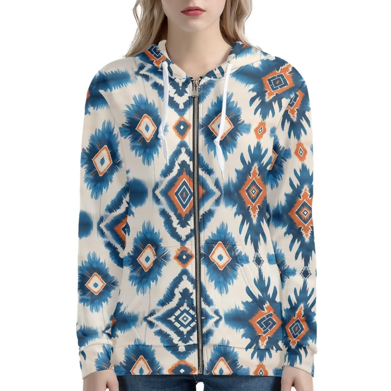 Irisjudy Aztec Ethnic Rhombus Women's Fitness Jacket with Pocket Watercolor Geometry Running Coat for Running,Jogging, Tribal Native Zigzag Zip up Outwear Long Sleeve Sweatshirt