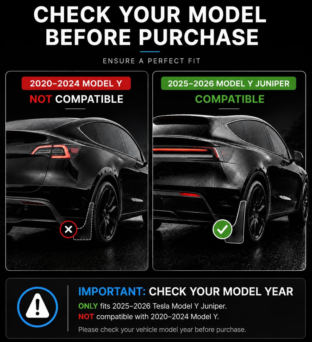 Mud Flaps for Tesla Model Y Juniper 2025–2026, 4-Piece Front & Rear Set, Custom Fit, No-Drill Installation, Flexible TPE Splash Guards