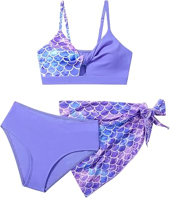 Girls Swimsuit Bathing Suits Twist Cross Tropical Floral Bikini Sets Teen Girls Swimwear 3Pcs with Cover Up 7-14T