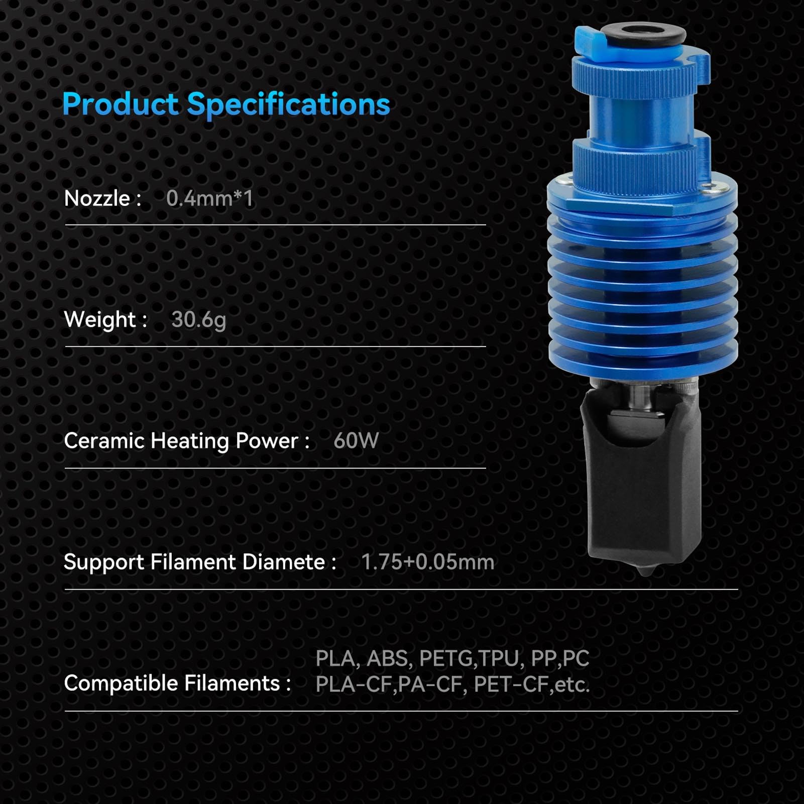 Kit de extremo caliente TZ V6 Boquilla de acero endurecido desmontable 24 V 60 W Bloque calefactor de cerámica Filamento de 0,4 mm de diámetro 1,75 mm para impresora 3D End