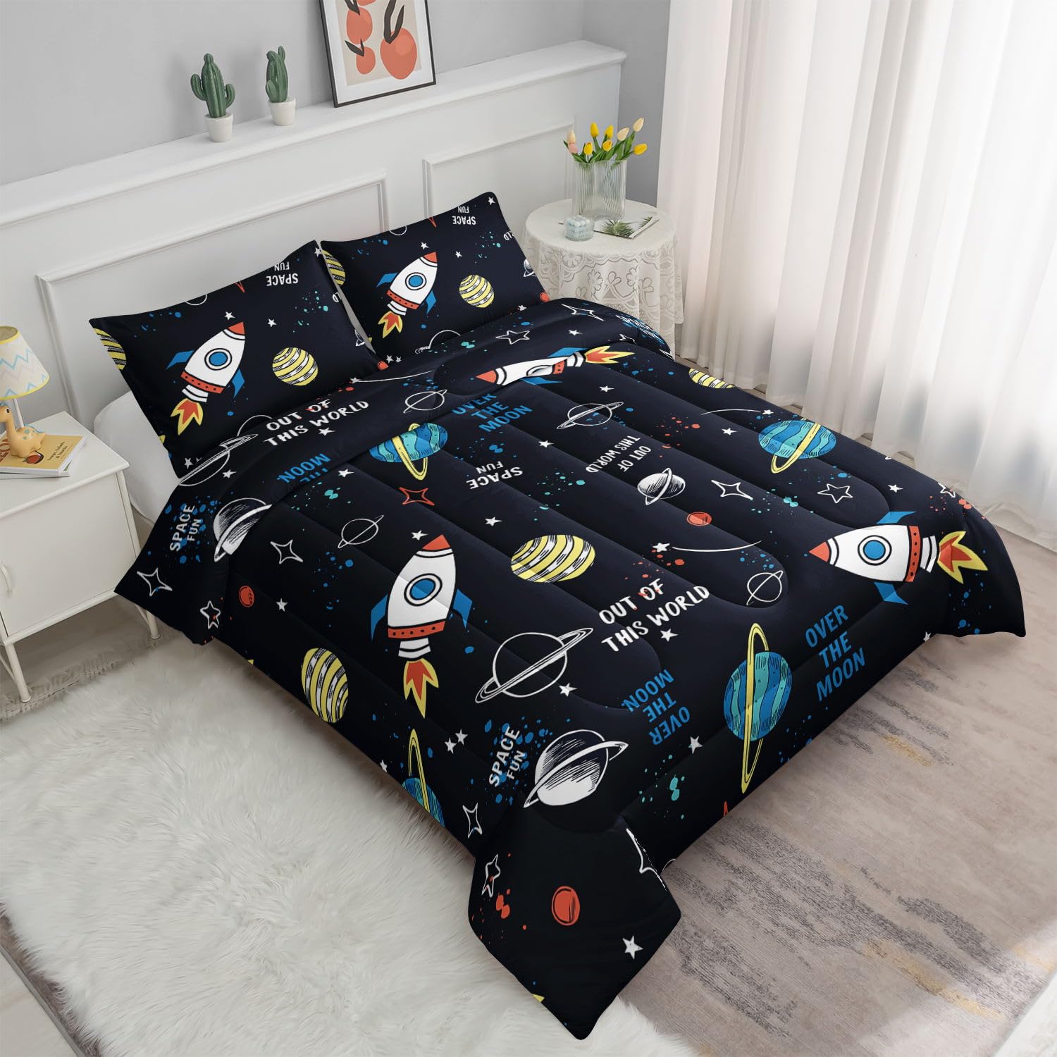 Datura home Space Ship Galaxy Comforter Set Astronaut Rocket Printed Quilt Bedding with 1 and 2 Pillowcases for Boys Girls Bedroom All Season(Space Full), A-space, Full 80x90inches