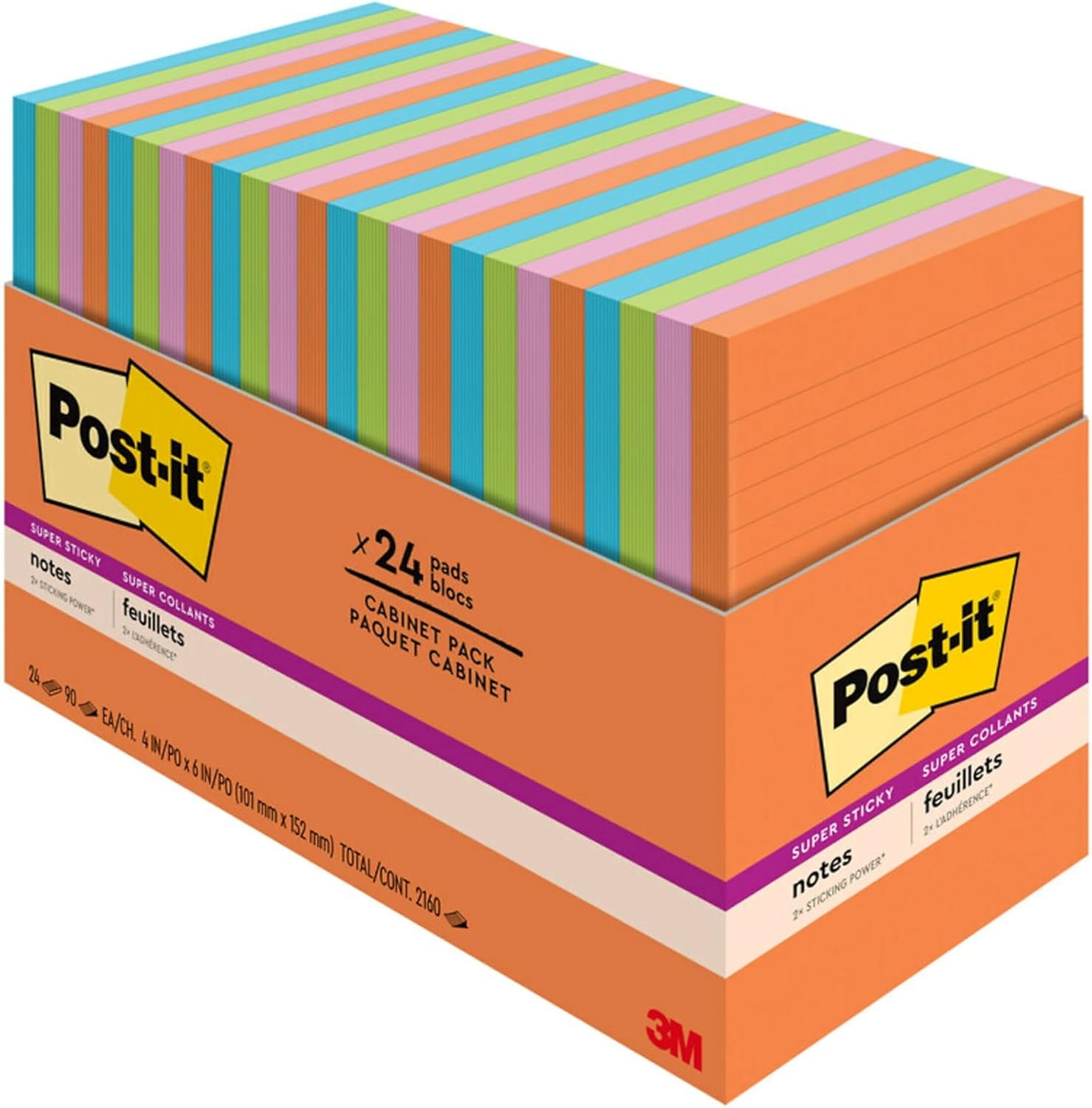 Post-it Energy Boost Collection Super Sticky Note, 4-inch x 6-inch, Lined, 45 Sheets/Pad, 24 Pads/Pack (660-24SSAU-CP)