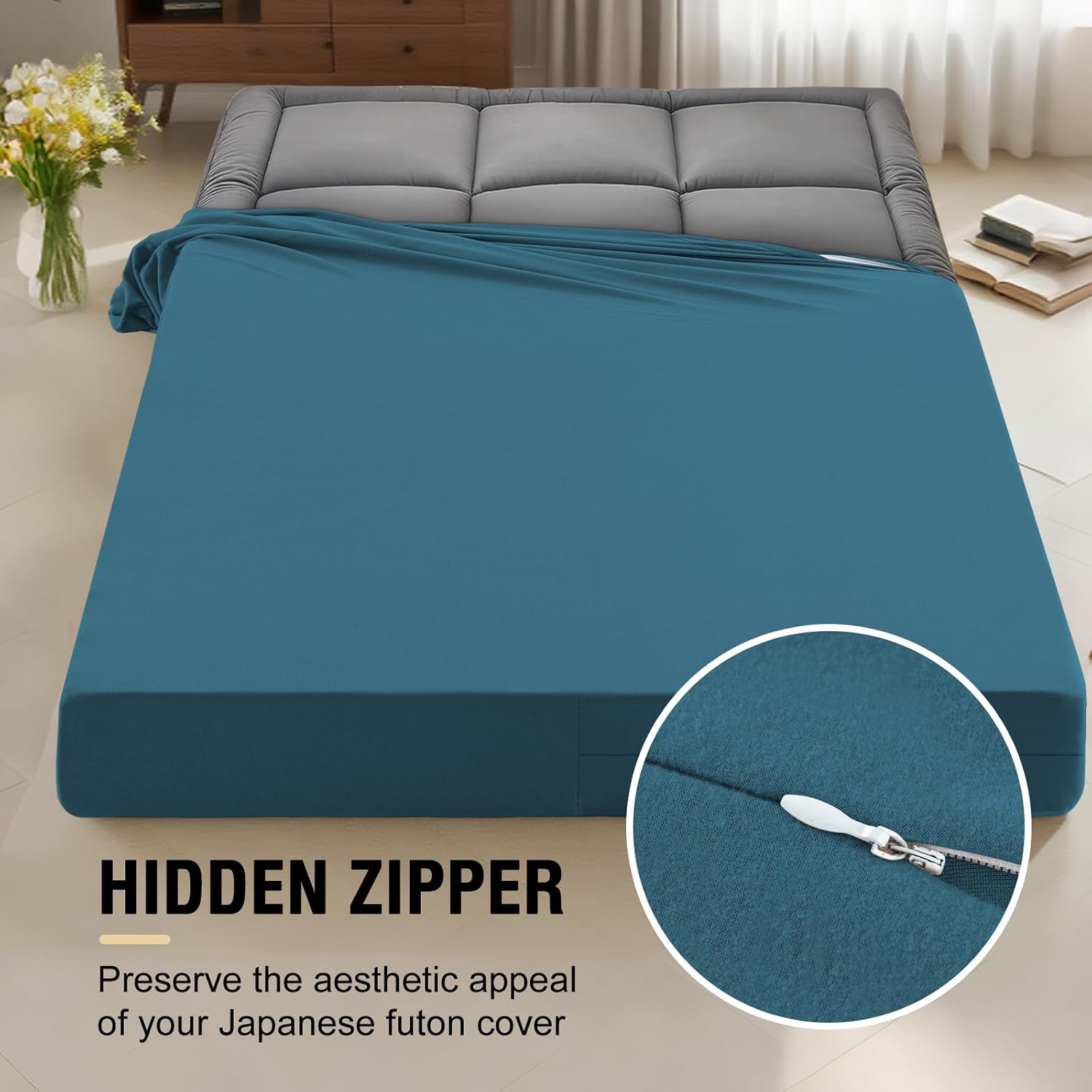 PrinceDeco Mattress Cover for Sofa Bed/Folding Mattress Couch, Thick and Soft Futon Cover for Japanese Floor Futon Mattress with Zipper Machine Washable,Queen Size,Peacock Blue