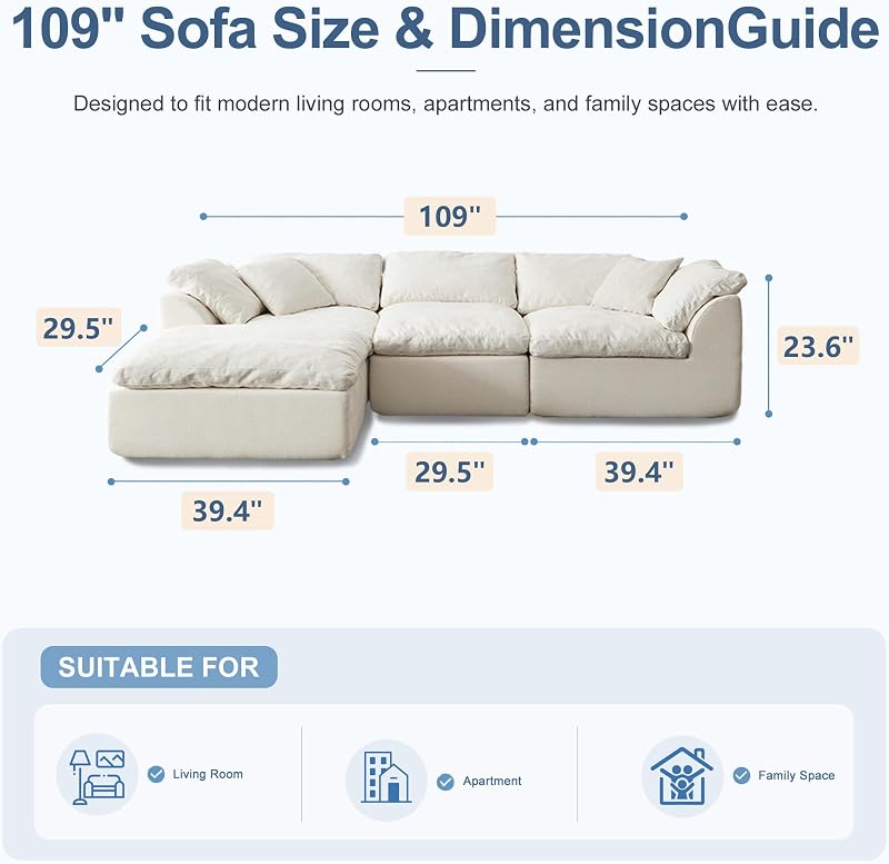 109" L-Shaped Modular Sectional Sofa, Cloud Comfy Chenille Couch (L-White) image 2