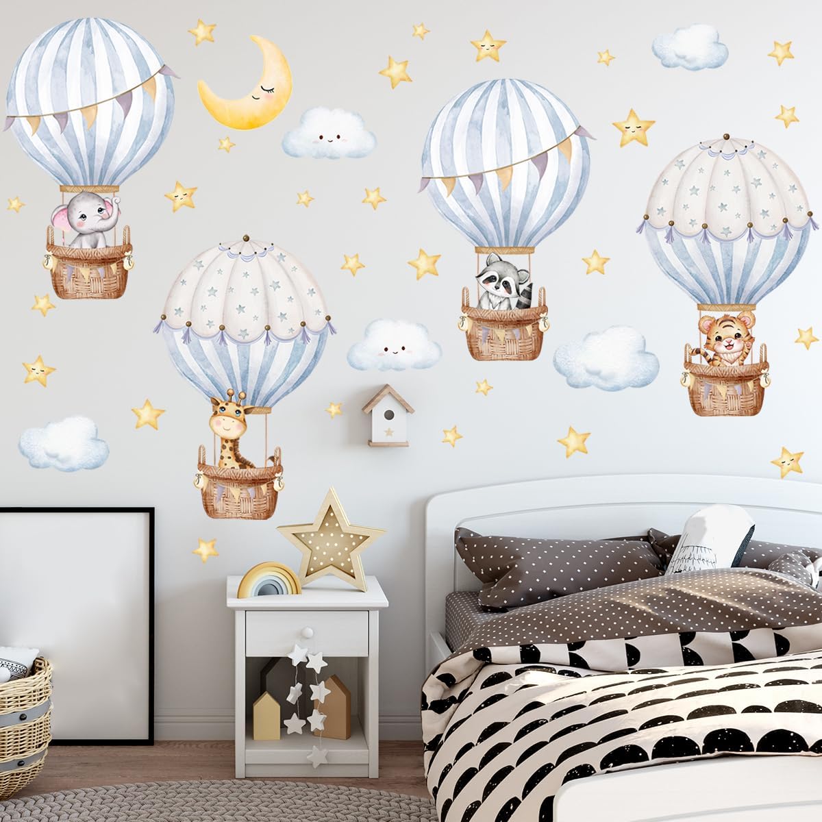 Hot Air Balloon Wall Decal，Animals Hot Air Balloon Wall Decals，Balloons Elephant Wall Stickers，White Cloud Wall Decoration Baby Nursery Girls Bedroom Toddler Room Wall Decor
