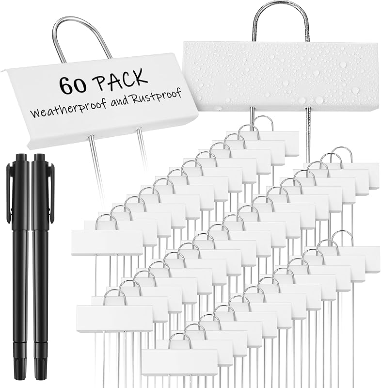 Maitys 62 Pcs Metal Plant Labels Garden Markers Outdoor Weatherproof 10.6 Inch Stainless Steel Nursery Tags Reusable Bulk with Pens for Flower Fruit Vegetable Seedling (White Label with Black Ink)