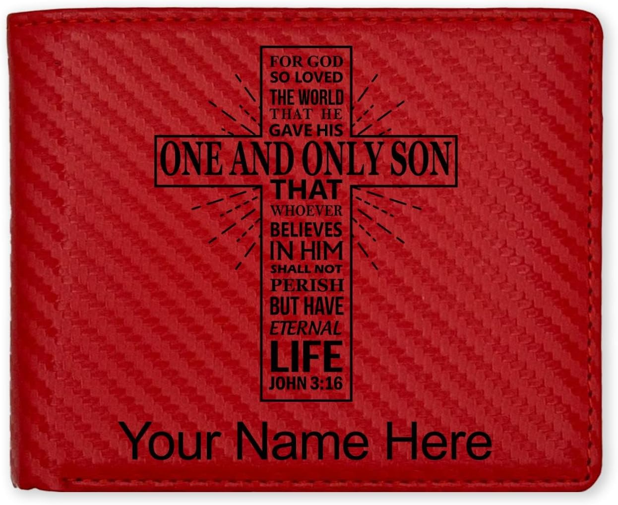 LaserGram Faux Leather Bi-Fold Wallet, Bible Verse John 3-16, Personalized Engraving Included (Carbon Fiber Red)