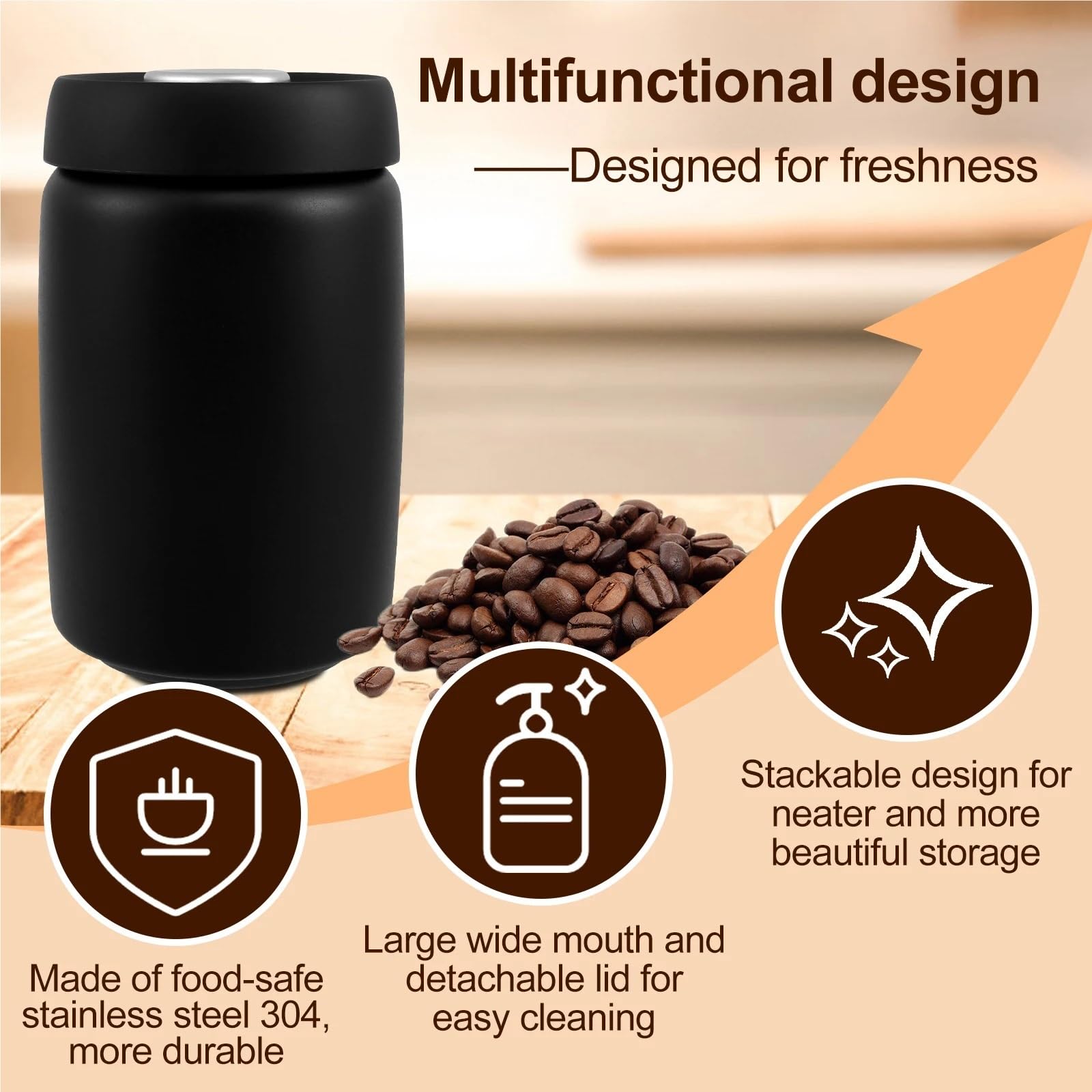 vorratsgläser Kaffeebohnen Vakuumversiegelter Krug Edelstahl Lebensmittel Frisch halten Vorratsbehälter Küche(Black)