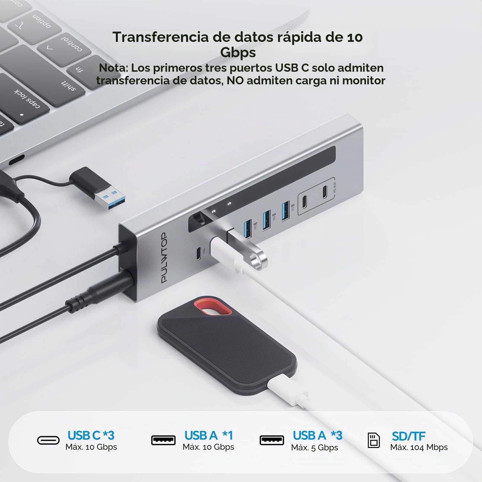Hub USB Alimentado, USB C Hub con 2 Puertos de Carga PD Tipo C de 24/45 W | PULWTOP HUB USB con SD/TF, USB C 10Gbps, USB A 5/10Gbps y 2 * 24/45W Tipo-C PD de Carga (Adaptador DC de 72W Incluido)