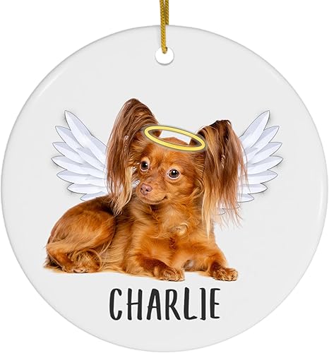 Rojo dorado ruso juguete terrier alas de ángel conmemorativo personalizado adornos de Navidad 2023 círculo blanco cerámica cachorro dueño regalos