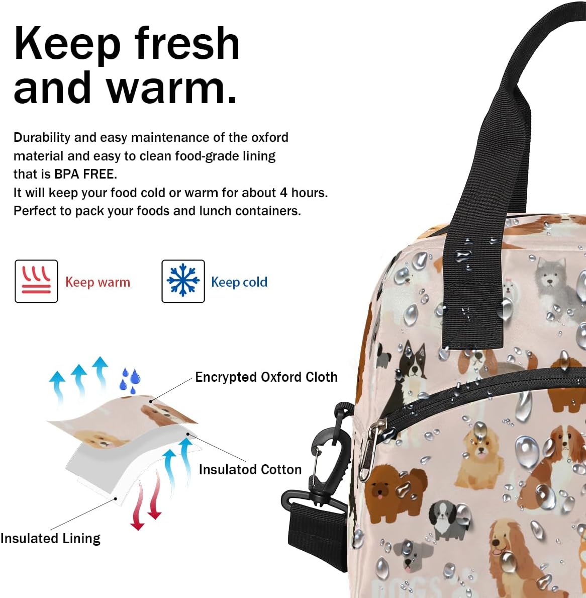 Dog Lunch Bag Dog Paws Pink Lunch Box for Women Girls, Reusable Insulated Leakproof Meal Prep Organizer Tote Thermal Cooler Bag with Shoulder Strap for Kids Adult School Work Office Picnic - Image 6