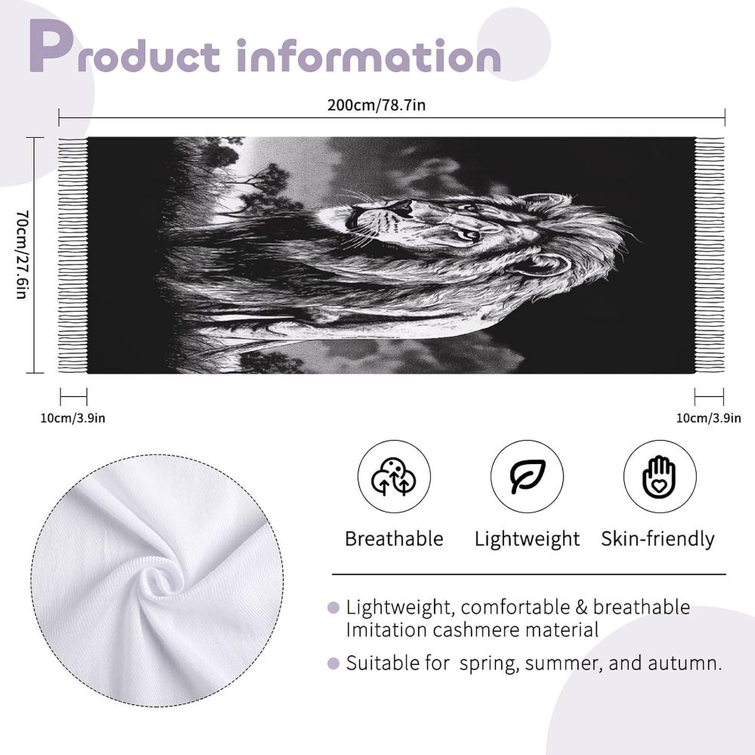 Lion Black And White Illustration Scarf for Women Men Classic Fashion Blanket Scarves Soft Cashmere Feel Scarf Cold Weather Warm Long Shawl Winter Large Scarves Classic Blanket Scarfs Thick