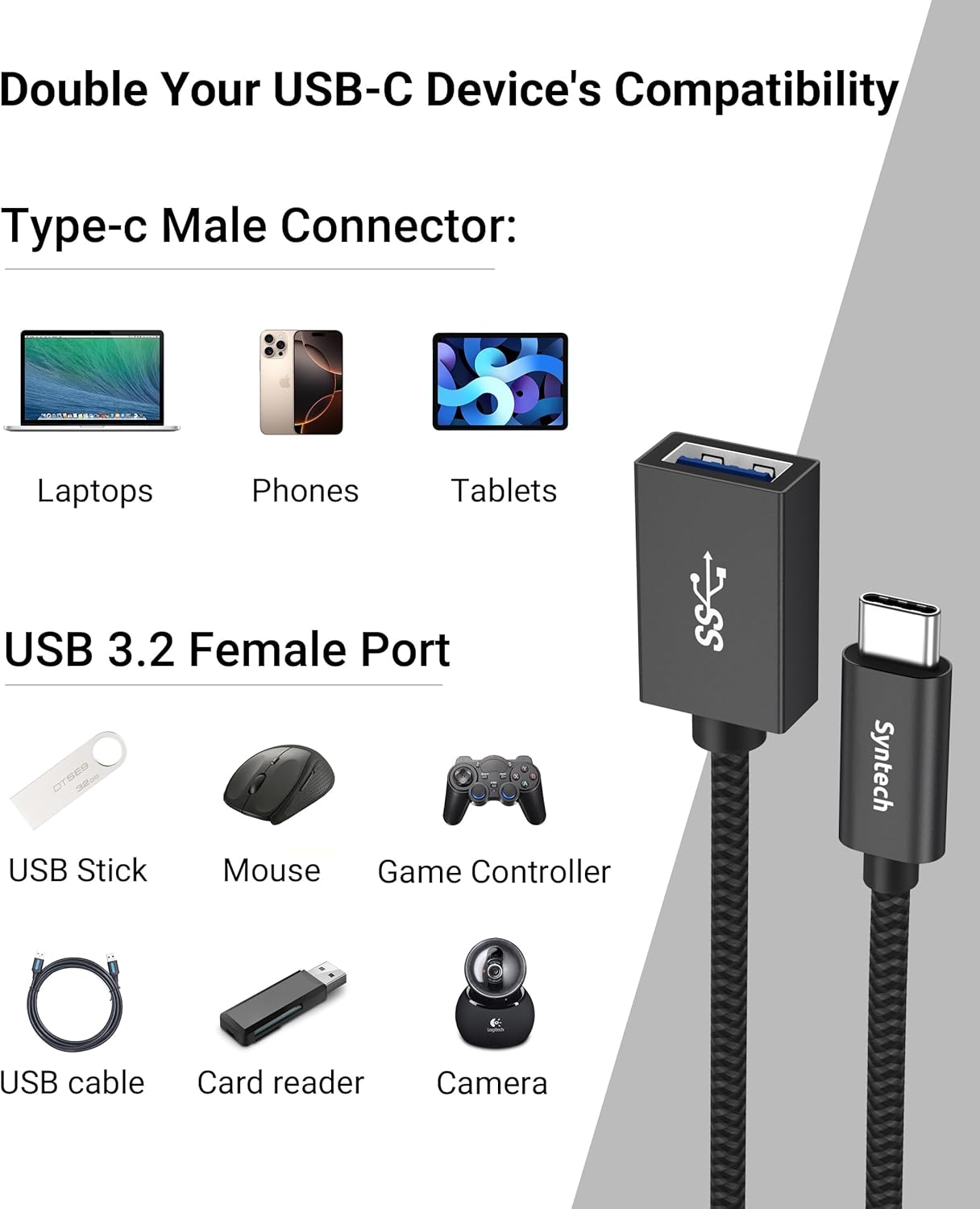Syntech USB C to USB Adapter, 2 Pack USB C to USB 3, 10Gbps Type C, Thunderbolt 3 to USB Female Adapter OTG Cable Compatible with iPhone 17/16/15 Pro Max, iPad mini 6, MacBook Pro/Air/Neo, Black