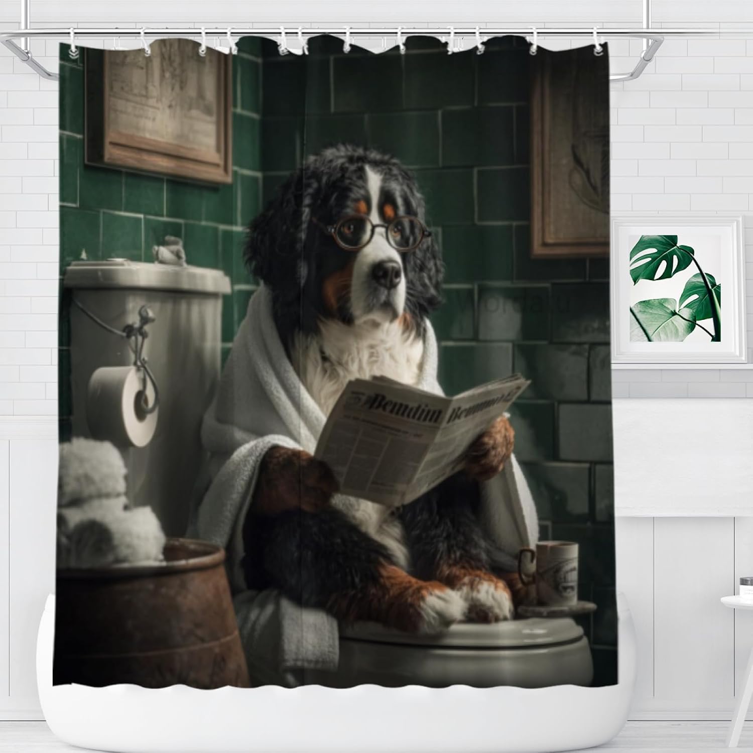 Funny Bernese Mountain Bathroom Curtain, Cute Dogs Reading Newspaper on Toilet, Washable Cloth Kids Shower Curtain Set 72X72 Inches with 12 Hooks