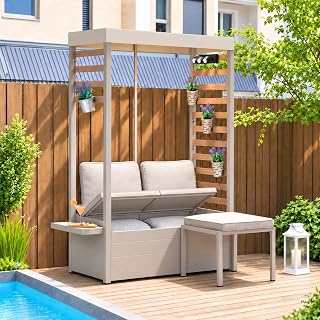 Sunjoy 2 Sitzer Gartenbank mit Fußhocker und Kissen, Metallrahmen, abnehmbarem UV-beständigem Sonnendach, integriertem Stauraum, 2 in 1 Gartensofa für die Terrasse