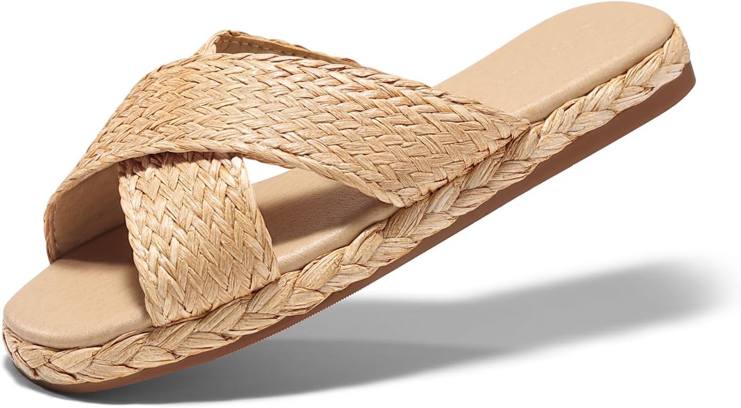 Coutgo Womens Flat Sandals Espadrilles Raffia Open Toe Slides Cross Strap Slip On Summer Dressy Beach Shoes,Size Fits Large