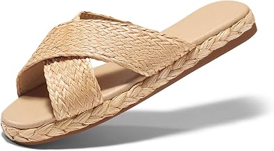 Coutgo Womens Flat Sandals Espadrilles Raffia Open Toe Slides Cross Strap Slip On Summer Dressy Beach Shoes,Size Fits Large