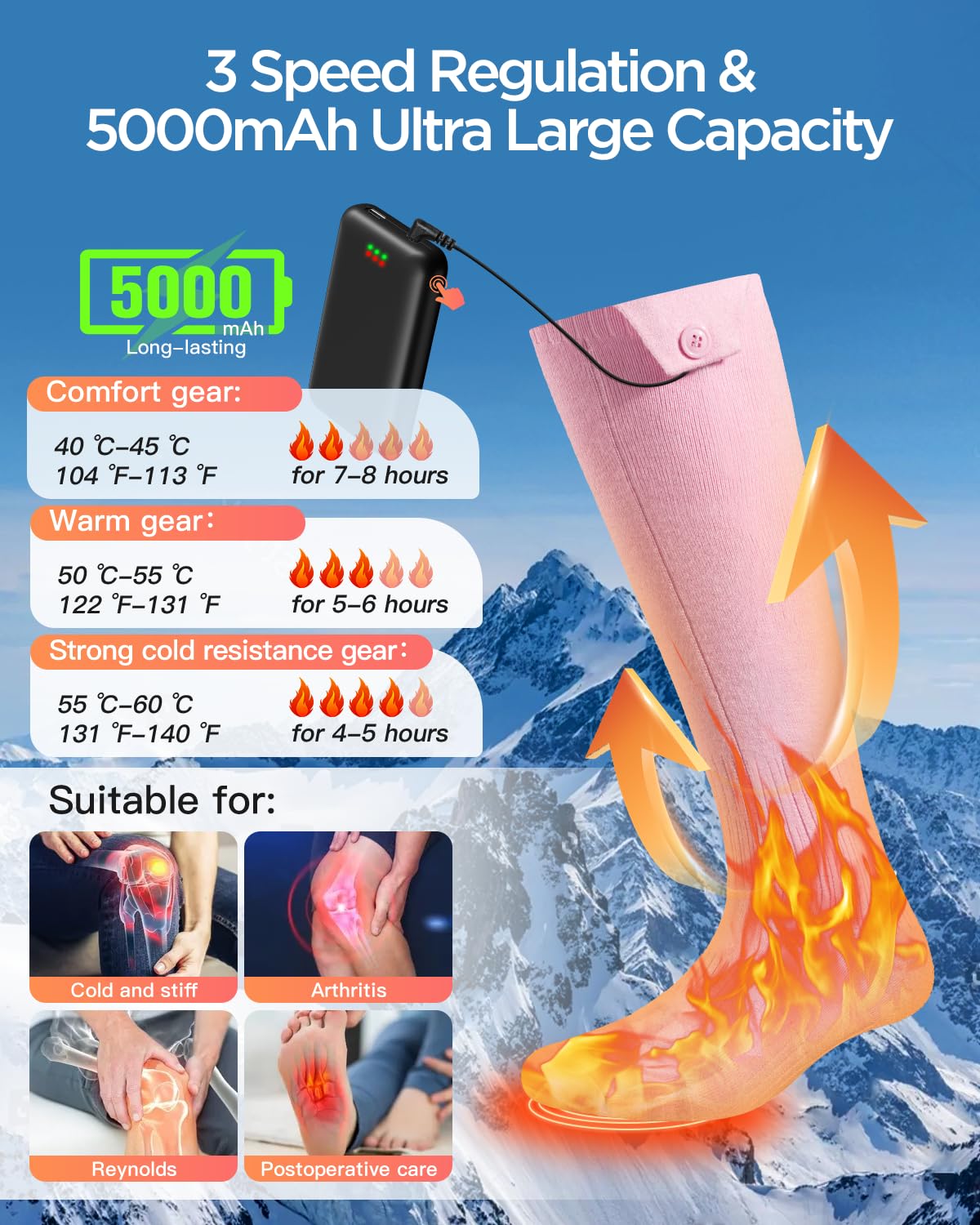 Calcetines Calefactables, [Militar Calefacción Experto] 3 Ajustes de Calor, 2×5000mAh Calcetines Termicos Recargables, Calcetines Calefactables Mujeres Hombres hasta 60℃ para Senderismo Caza Esquí