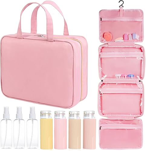 Neceser colgante de viaje con botellas a prueba de fugas, juego de organizador de cosméticos para mujer, accesorios esenciales imprescindibles para