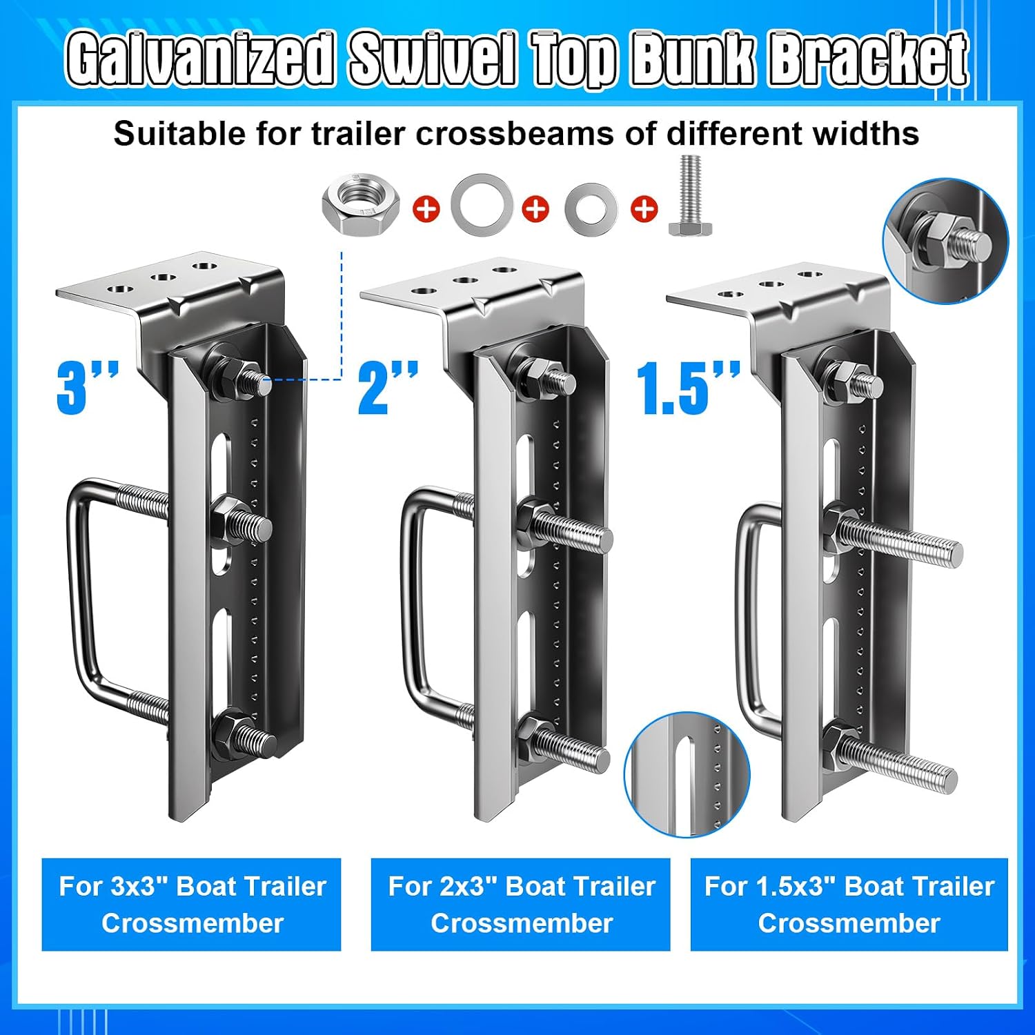 Woanger 8 Pack 8" Boat Trailer Bunk Brackets Heavy Duty Galvanized Swivel Top Bunk Bracket Kit with Hardware for 1.5" x 3", 2" x 3", 3" x 3" Boat Trailer Crossmember