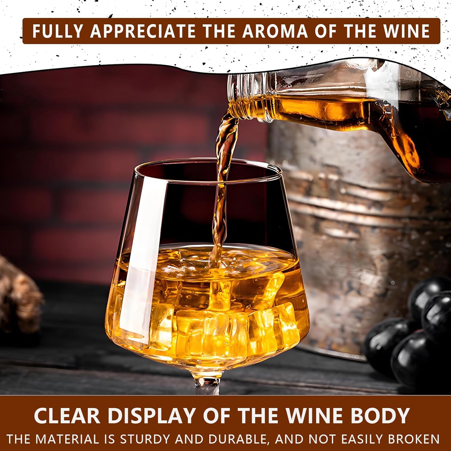 Whiskey Glasses Set of 4-15.2 Oz Bourbon Glasses for Scotch, Cognac, Brandy & Cocktails - Heavy Base Short Stem Wine Cups - Ideal Gift for Halloween, Christmas's Day (Set of 4)