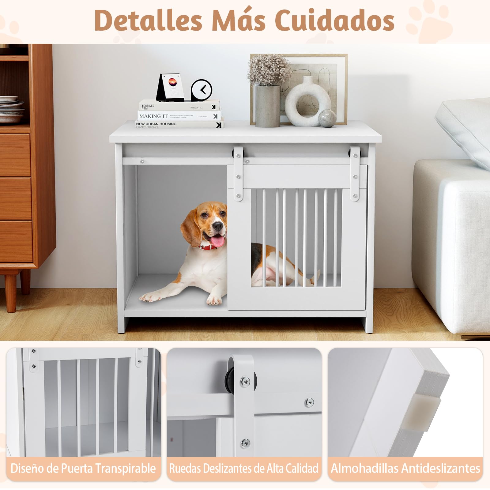 GOPLUS Jaula para Perros, Jaula para Mascotas con Bandeja Grande, Puerta Corrediza, Tubos Metálicos, Mueble Nido Interior para Perros Pequeños y Medianos, Mesa Auxiliar 80 x 60 x 60 CM (Blanco)