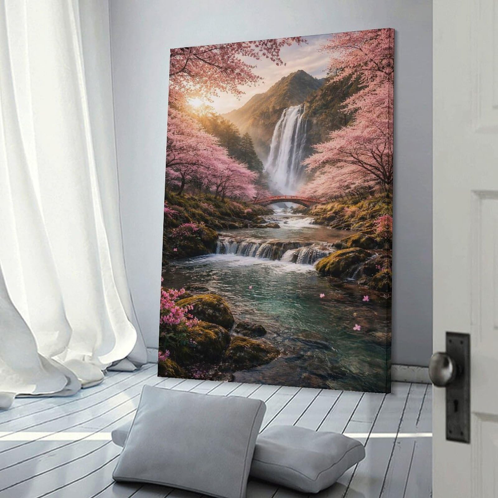 Junmoney Sakura Waterfall Landscape Home Decor Wall Art, 20x30inch(50x75cm), for Lounge, Bedroom Or Personal Spaces, Gift Idea for Housewarming And Birthdays