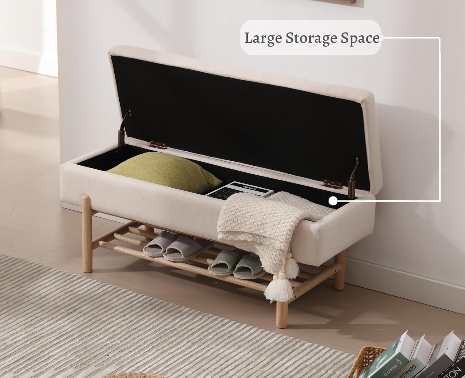 EALSON Modern Storage Ottoman Bench Upholstered Fabric End of Bench with Seating and Wood Shoe Rack Long Entryway Bench for Bedroom/Living Room/Foyer, Linen Cream