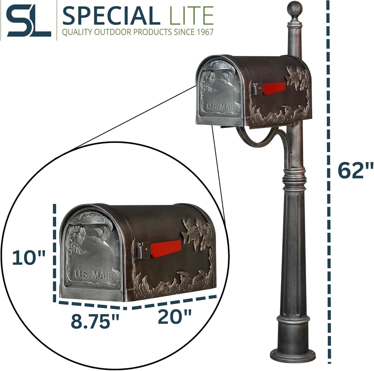 Special Lite Hummingbird Curbside Mailbox with Ashland Post - Swedish Silver Mailbox with Aluminum Post - SCB-1005_SPK600-SW