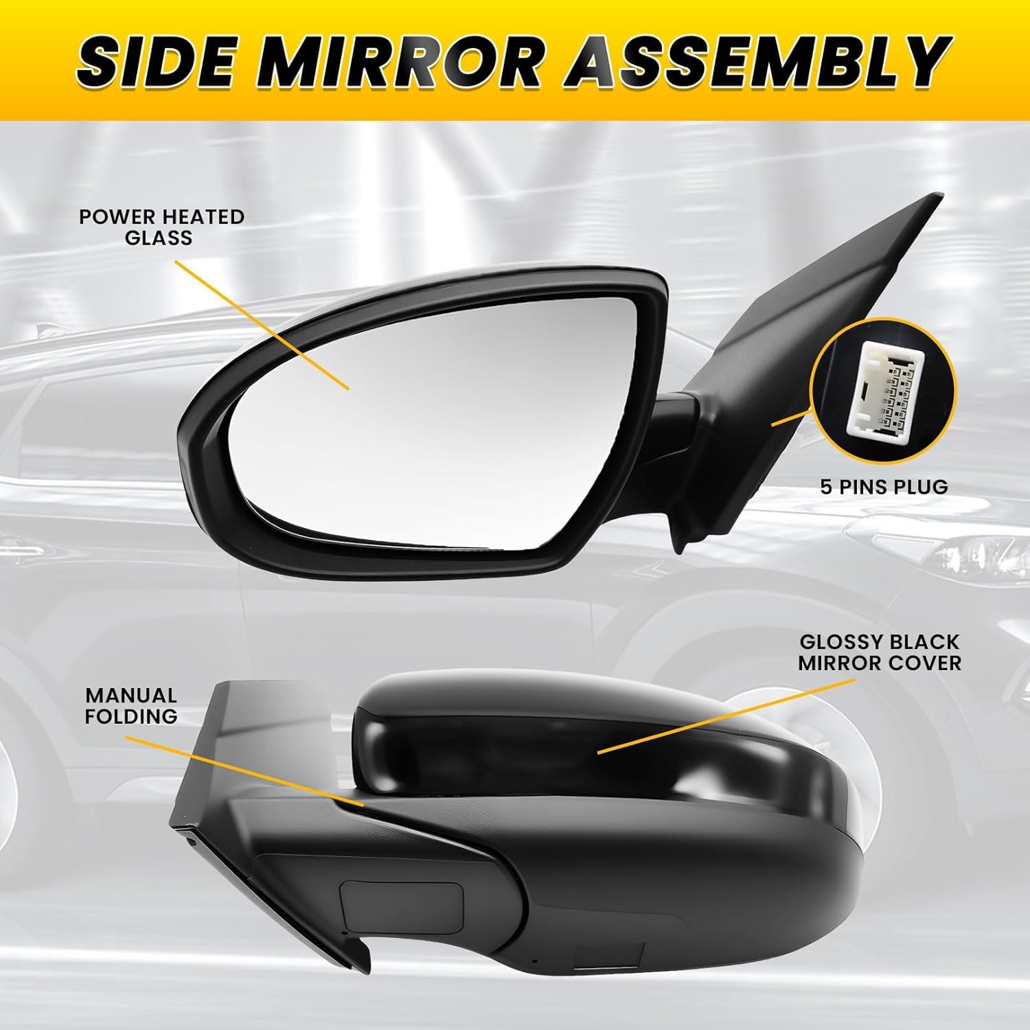 Left Driver Side Mirror Assembly Compatible with Tucson SEL 2016-2018 Power Glass & Heated and Manual Folding Gloss Black 5Pins 87610D3410 (Black)