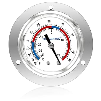 Cooler Thermometer Comercial Freezer Thermometer Capillary Design Refrigeration Gauge, Range -40 to 65 F / -40 to 20C, 2" Dial Stainless Steel Flanged Panel Mount
