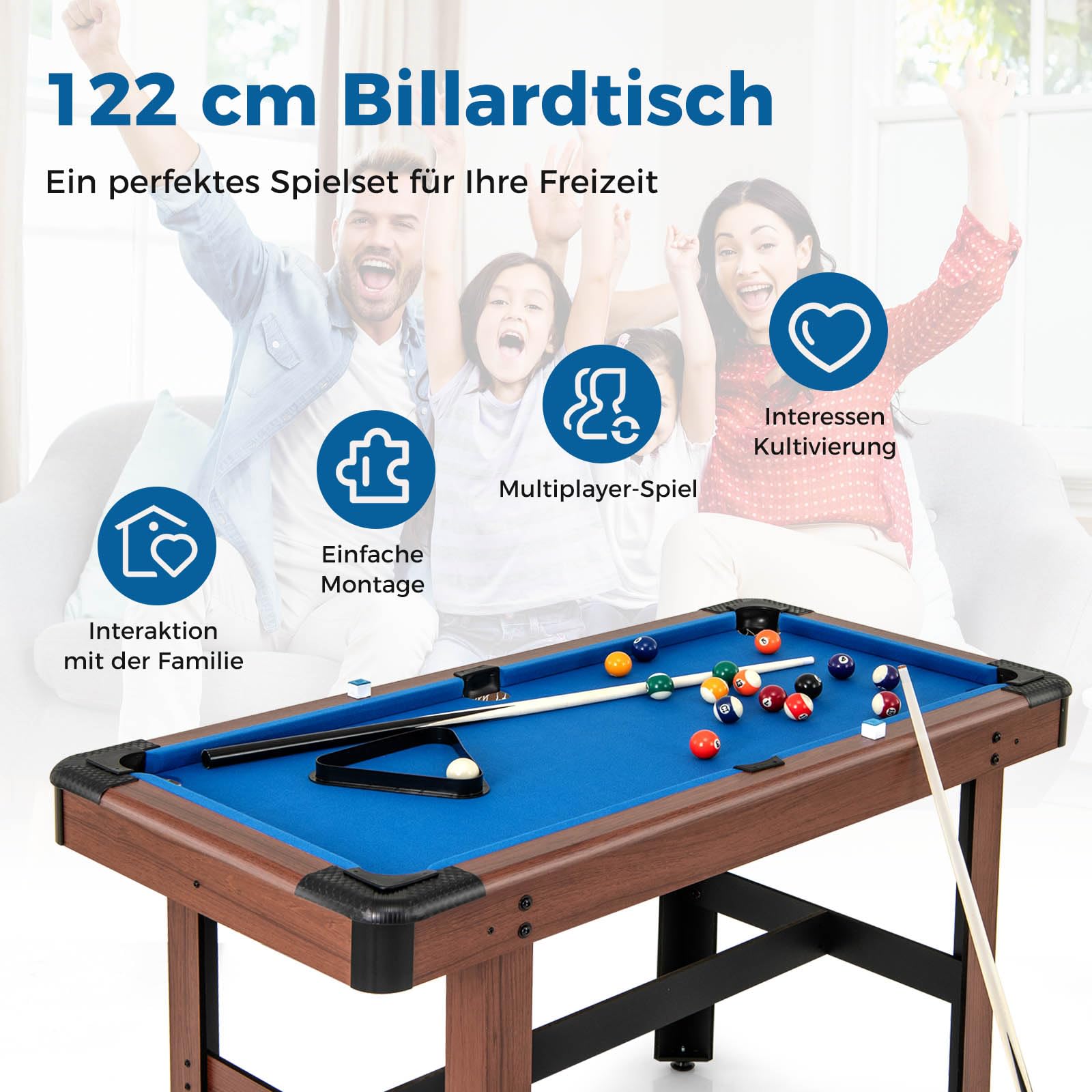 GOPLUS Billardtisch aus Holz mit 16 Billardkugeln, 2 Queues, Dreieck & Bürste, Spieltisch für Kinder & Erwachsene