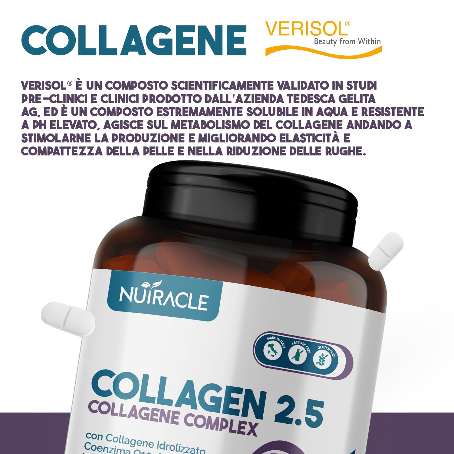 Collagene Idrolizzato Verisol® 2500 mg + Acido Ialuronico + Coenzima Q10 - Integratore Pelle, Capelli e Ossa con Biotina, Zinco e Vitamina C - 240 compresse, Nutracle
