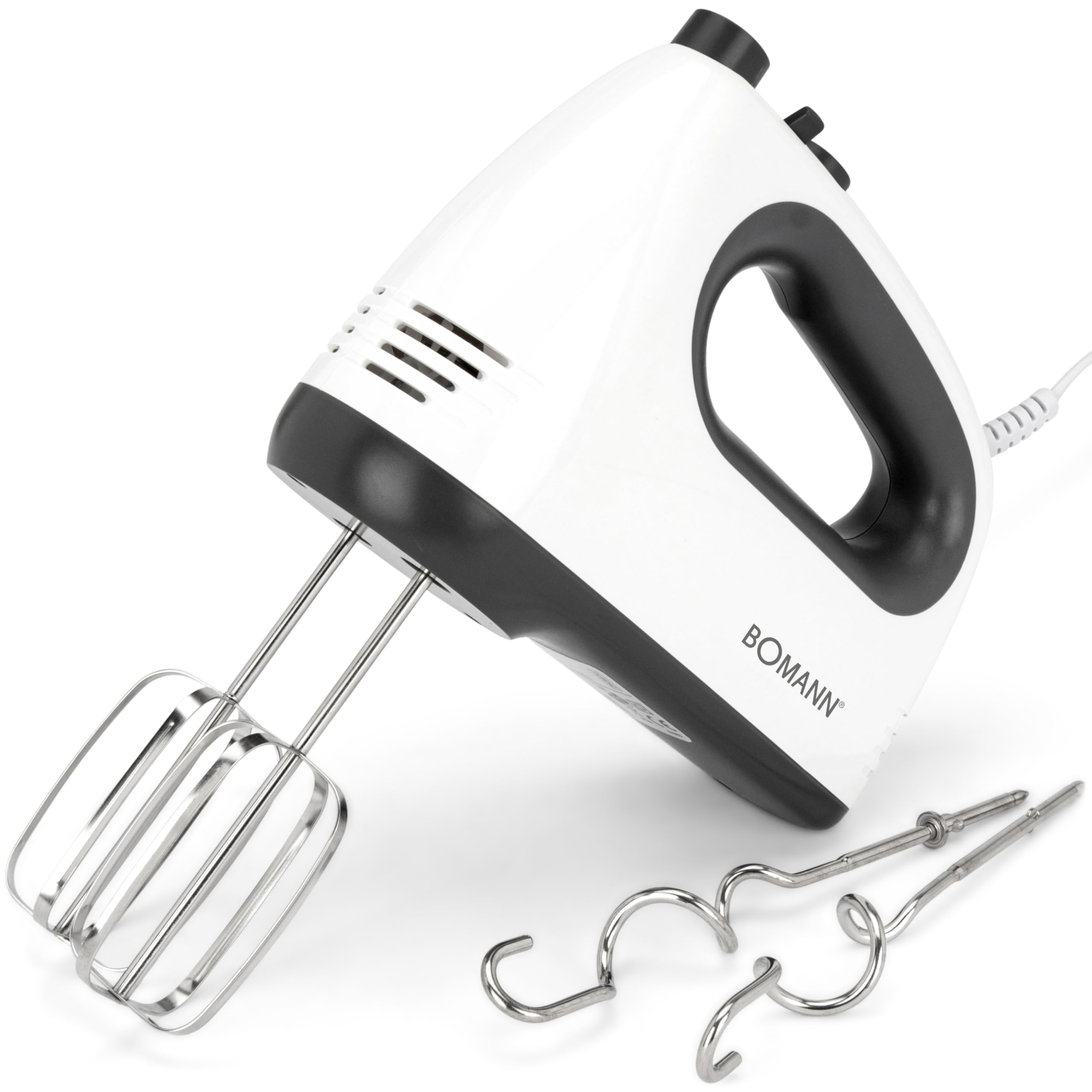 Bomann HM 6054 CB Batteur à main avec 5 vitesses, niveau turbo et bouton d'éjection en acier inoxydable Blanc/​gris