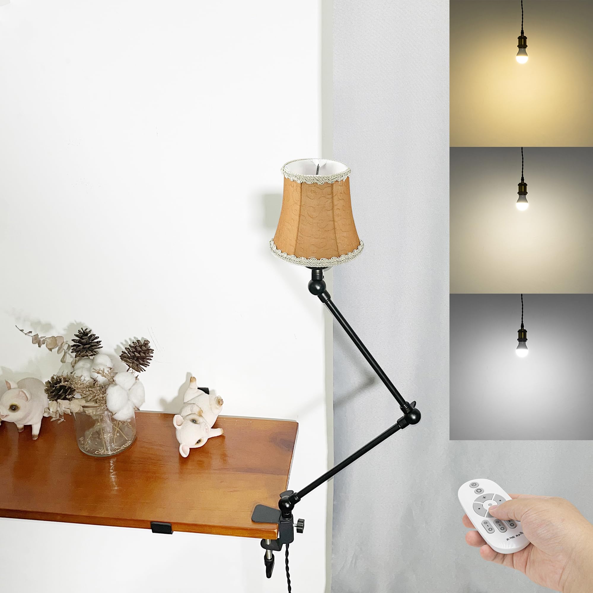 Klemmleuchte mit Fernsteuerung,1 Packung Leselampe mit 2,5 m Kabel, Dimmbar Nachttischlampe,Augenpflege Schreibtischlampe für Büro Heimgebrauch, E27 Lampenhalterung - DZ0332/9