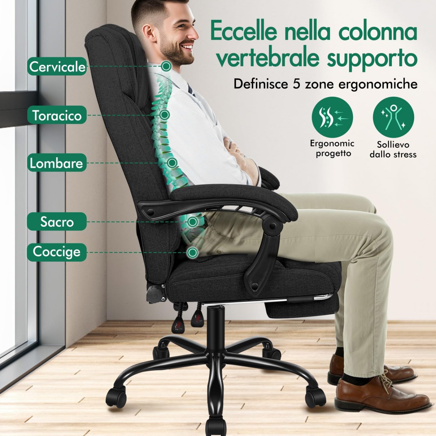 ALFORDSON Sedia Girevole con Poggiagambe Poltrona Direzionale Ergonomica da Ufficio Studio Regolabile con Rotelle, Altezza Regolabile, Supporto Lombare, Portante di 180 kg, Tessuto(Nera)