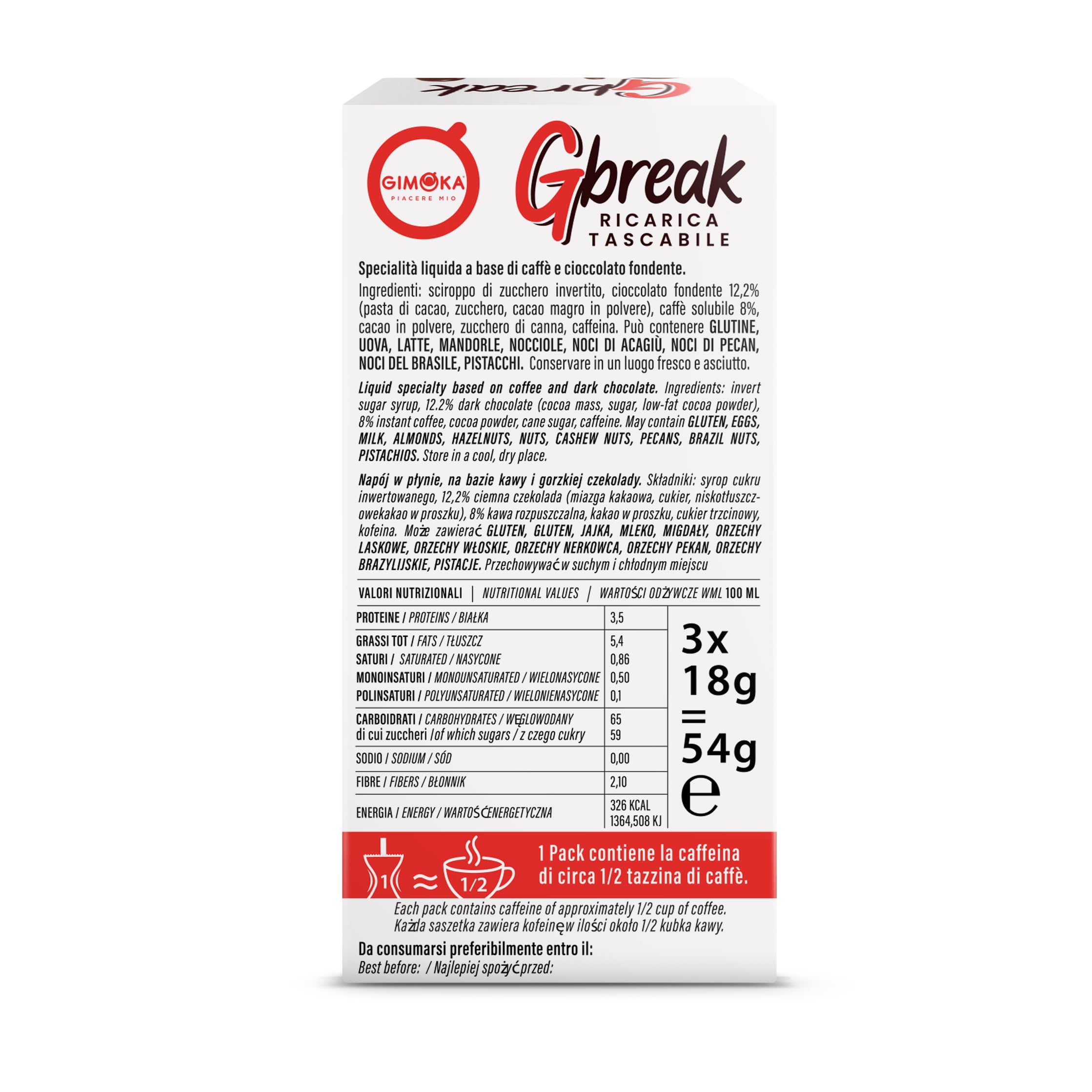 Gimoka Gbreak – Schokolade und Kaffee – Nachfüllpackung für eine praktische und leckere Pause im Taschenformat - 3 Einzeldosis - SQUEEZEPACKS à 18 g