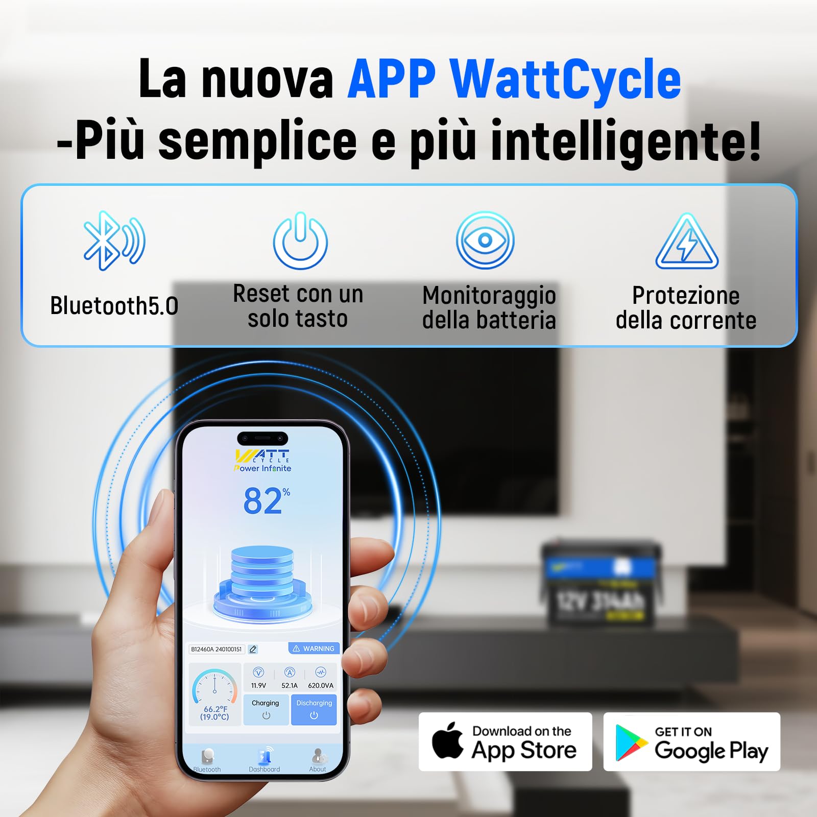 Wattcycle Batteria al Litio LiFePO4 12V 314Ah, 4019Wh, con BMS 200A Integrato, Protezione Bassa Temperatura, per Nautica, Camper, Sistemi Solari e Off-Grid