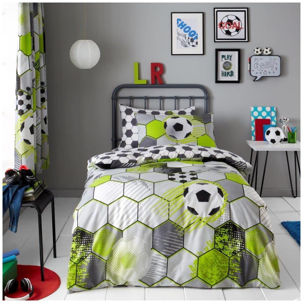 Lions Boys Football Stamp Kids Single Duvet Cover Set, Bedding With Matching Pillowcases, Ultra Soft Reversible Soft Quilt Covers, Football Multi Colour, 135X200cm