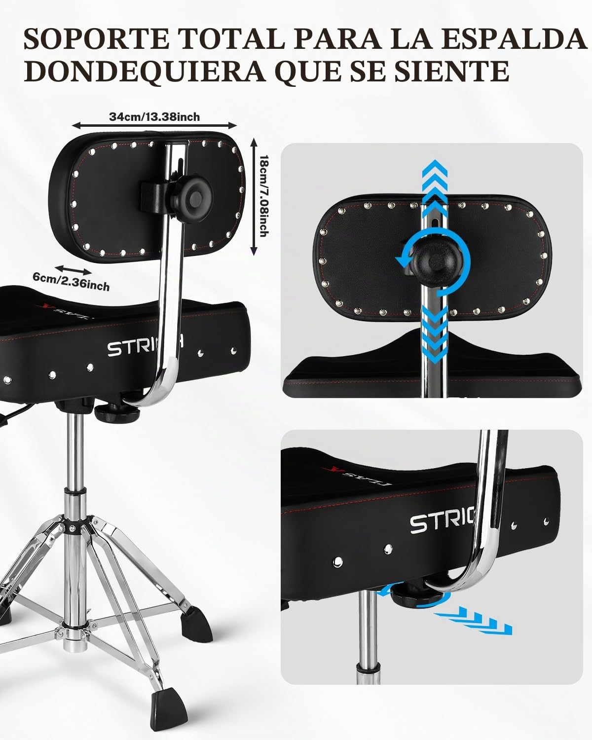 Strich Taburete de batería con Respaldo, Taburete hidráulico, Silla Regulable en Altura para Bateristas Adultos con Baquetas para ensayo y actuación SDB-40B