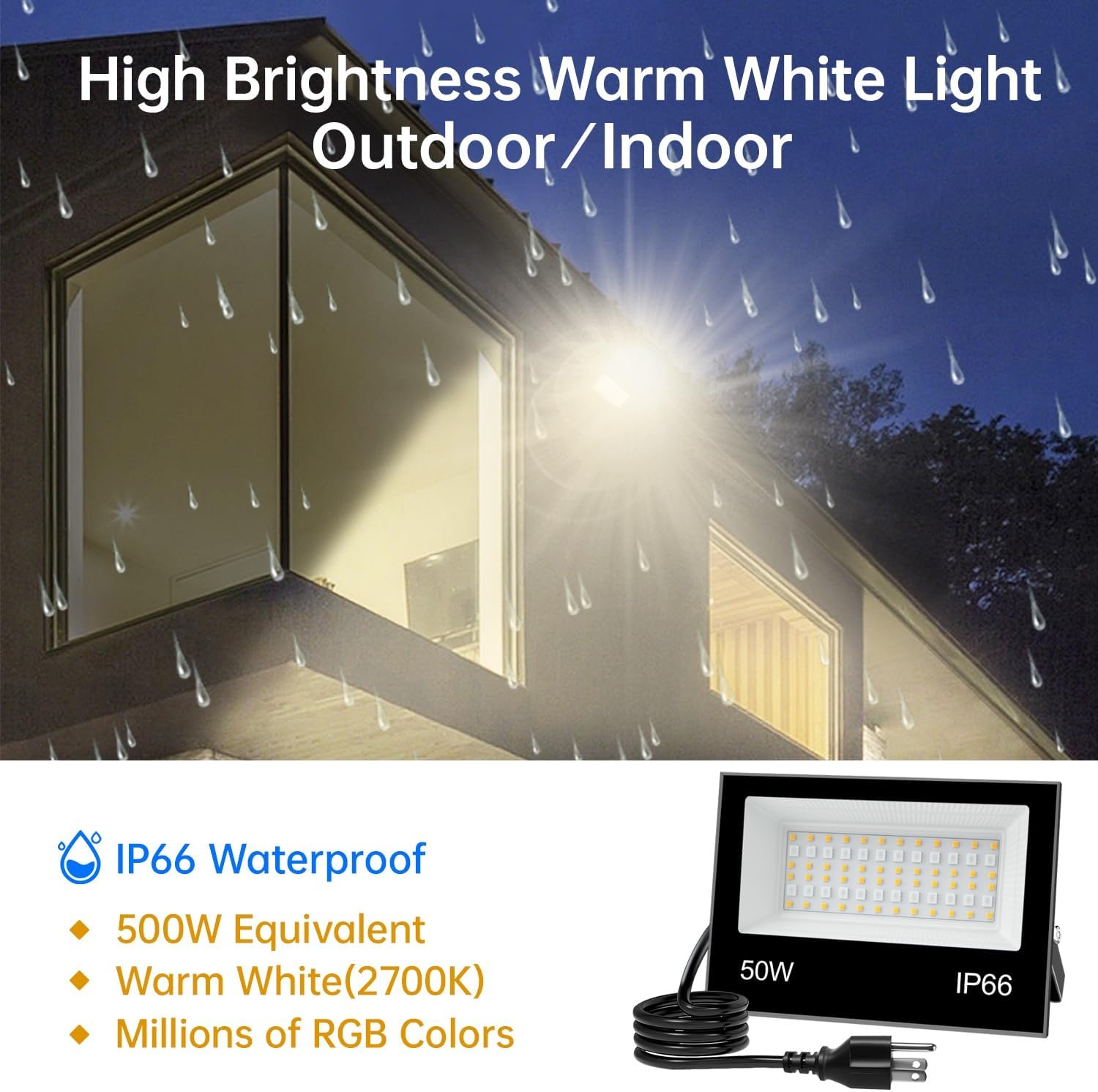 LED Flood Light Outdoor, 500W Equivalent 5000LM Smart RGB Landscape Lighting with APP Control, DIY Scenes - Timing - Warm White 2700K - Color Changing Uplight, 43 Modes, IP66 Waterproof (2 Pack)