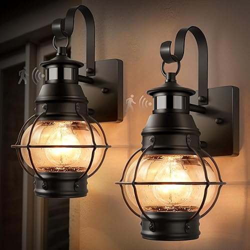 Lamomo Paquete de 2 luces con sensor de movimiento para porche al aire libre para casa, lámparas de pared al aire libre, luz exterior de aluminio