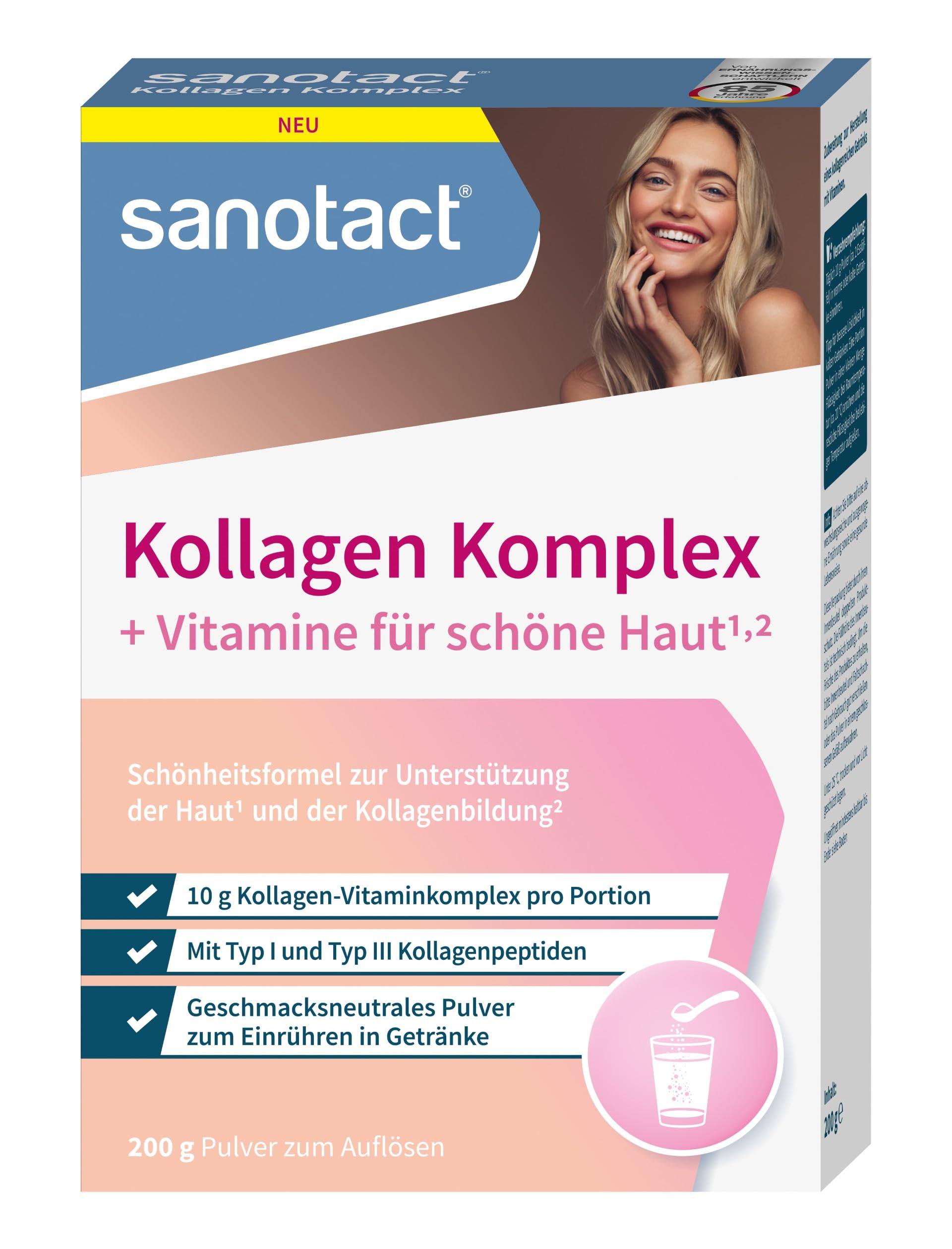 sanotact® Kollagen Komplex Pulver | 200 g | Typ I & III Kollagenpeptide | + Vitamin C, Niacin & Biotin für schöne Haut¹ | Geschmacksneutral | Zum Einrühren